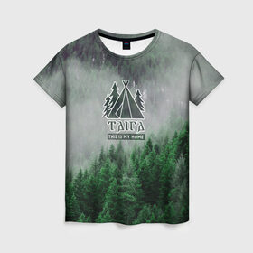 Женская футболка 3D с принтом Сибирь , 100% полиэфир ( синтетическое хлопкоподобное полотно) | прямой крой, круглый вырез горловины, длина до линии бедер | forest | hiking | nature | russia | siberia | taiga | traveling | trees | trekking | деревья | лес | отдых | охота | природа | путешествия | россия | сибирь | тайга | туризм