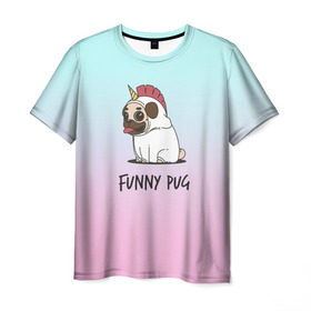 Мужская футболка 3D с принтом Funny PUG , 100% полиэфир | прямой крой, круглый вырез горловины, длина до линии бедер | animals | dog | dogs | gradient | illustration | inscription | lettering | pug | puppy | unicorn | градиент | единорог | животные | иллюстрация | леттеринг | мопс | надпись | песик | собаки | щенок