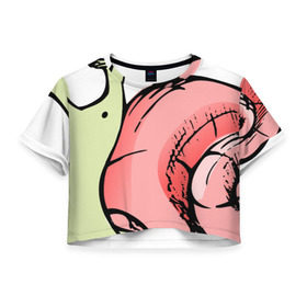 Женская футболка 3D укороченная с принтом Гламурная улитка , 100% полиэстер | круглая горловина, длина футболки до линии талии, рукава с отворотами | Тематика изображения на принте: гламурная | животные | прикольная | улитка