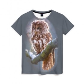 Женская футболка 3D с принтом Сова , 100% полиэфир ( синтетическое хлопкоподобное полотно) | прямой крой, круглый вырез горловины, длина до линии бедер | owl | ветка | ночной хищник | птица | птичка | серый | сова | хищная птица | хищник