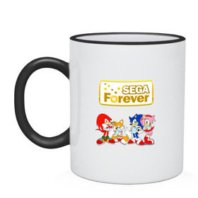 Кружка двухцветная с принтом Sega Forever , керамика | объем — 330 мл, диаметр — 80 мм. Цветная ручка и кайма сверху, в некоторых цветах — вся внутренняя часть | Тематика изображения на принте: knuckles | sonic | tails | наклз | сега | соник | тейлз