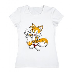 Женская футболка хлопок с принтом Tails , 100% хлопок | прямой крой, круглый вырез горловины, длина до линии бедер, слегка спущенное плечо | sonic | соник | тейлс