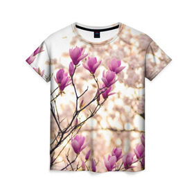 Женская футболка 3D с принтом Сакура , 100% полиэфир ( синтетическое хлопкоподобное полотно) | прямой крой, круглый вырез горловины, длина до линии бедер | деревья | красота | небо | природа | сакура | цветение | цветы | япония