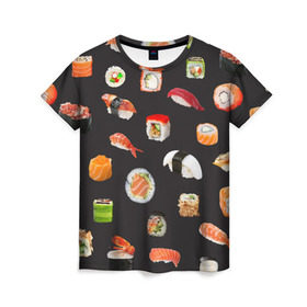Женская футболка 3D с принтом Суши , 100% полиэфир ( синтетическое хлопкоподобное полотно) | прямой крой, круглый вырез горловины, длина до линии бедер | food | rolls | sushi | tokyo | еда | роллы | суши | токио