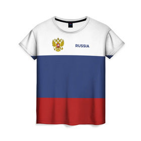 Женская футболка 3D с принтом Россия Триколор , 100% полиэфир ( синтетическое хлопкоподобное полотно) | прямой крой, круглый вырез горловины, длина до линии бедер | russia | герб | орел | патриот | российский | россия | русский | символика | триколор | флаг