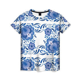 Женская футболка 3D с принтом Гжель , 100% полиэфир ( синтетическое хлопкоподобное полотно) | прямой крой, круглый вырез горловины, длина до линии бедер | гжель | текстура | узор | цветы