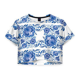 Женская футболка 3D укороченная с принтом Гжель , 100% полиэстер | круглая горловина, длина футболки до линии талии, рукава с отворотами | гжель | текстура | узор | цветы