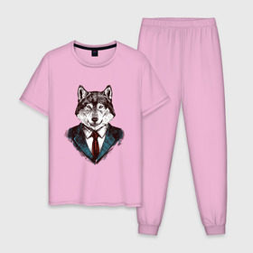 Мужская пижама хлопок с принтом Волк Бизнесмен , 100% хлопок | брюки и футболка прямого кроя, без карманов, на брюках мягкая резинка на поясе и по низу штанин
 | бизнес | бизнесмен | волк | волк в костюме | волк с уолл стрит | волки | дикий