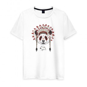 Мужская футболка хлопок с принтом Панда , 100% хлопок | прямой крой, круглый вырез горловины, длина до линии бедер, слегка спущенное плечо. | Тематика изображения на принте: индеец | инди | медведи | медведь | панда | панды | с медведем | с пандой