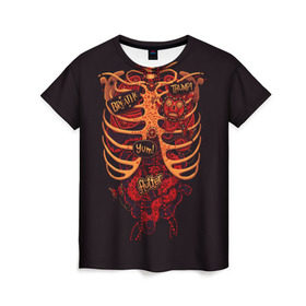 Женская футболка 3D с принтом Человеческий скелет , 100% полиэфир ( синтетическое хлопкоподобное полотно) | прямой крой, круглый вырез горловины, длина до линии бедер | 3d скелет | кости | легкие | органы | ребра | сердце | скелет | человек