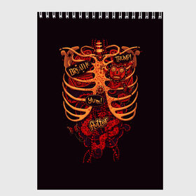 Скетчбук с принтом Человеческий скелет , 100% бумага
 | 48 листов, плотность листов — 100 г/м2, плотность картонной обложки — 250 г/м2. Листы скреплены сверху удобной пружинной спиралью | Тематика изображения на принте: 3d скелет | кости | легкие | органы | ребра | сердце | скелет | человек