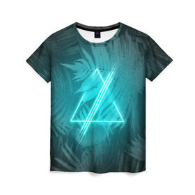 Женская футболка 3D с принтом Neon light blue , 100% полиэфир ( синтетическое хлопкоподобное полотно) | прямой крой, круглый вырез горловины, длина до линии бедер | неон | папоротник | треугольник