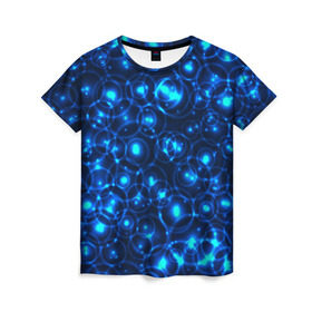 Женская футболка 3D с принтом Пузырчатый абстракт , 100% полиэфир ( синтетическое хлопкоподобное полотно) | прямой крой, круглый вырез горловины, длина до линии бедер | абстракт | огоньки | пузыри | синий