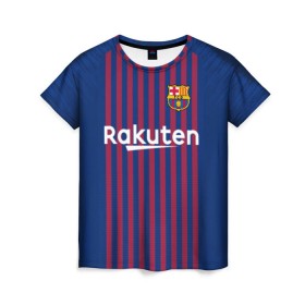 Женская футболка 3D с принтом Messi home 18-19 , 100% полиэфир ( синтетическое хлопкоподобное полотно) | прямой крой, круглый вырез горловины, длина до линии бедер | barcelona | champions | league | lionel | messi | spain | барселона | испания | лига | лионель | месси | чемпионов