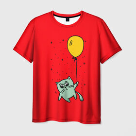 Мужская футболка 3D с принтом Котик на шарике , 100% полиэфир | прямой крой, круглый вырез горловины, длина до линии бедер | cat | домашние любимцы | животные | котики | котэ | котята | любовь | милые | шарик