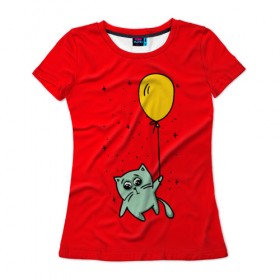 Женская футболка 3D с принтом Котик на шарике , 100% полиэфир ( синтетическое хлопкоподобное полотно) | прямой крой, круглый вырез горловины, длина до линии бедер | cat | домашние любимцы | животные | котики | котэ | котята | любовь | милые | шарик