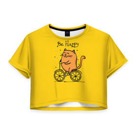 Женская футболка 3D укороченная с принтом Be Happy,cat , 100% полиэстер | круглая горловина, длина футболки до линии талии, рукава с отворотами | cat | домашние любимцы | животные | котики | котэ | котята | любовь | милые