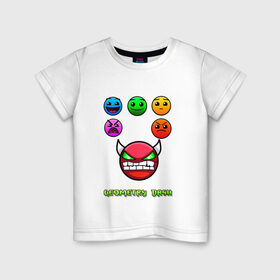 Детская футболка хлопок с принтом Geometry dash icons , 100% хлопок | круглый вырез горловины, полуприлегающий силуэт, длина до линии бедер | Тематика изображения на принте: gd | геометрия | демон | дьявол | дэш | иконки | сложно | сложность