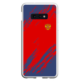 Чехол для Samsung S10E с принтом RUSSIA SPORT , Силикон | Область печати: задняя сторона чехла, без боковых панелей | russia | белый | болельщик | герб | двуглавый орел | корона | красный | лошадь | модные | надписи | орел | патриот | россия | синий | спорт | спортивные | триколор | униформа | фанат | цвет