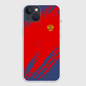 Чехол для iPhone 13 с принтом RUSSIA SPORT ,  |  | Тематика изображения на принте: russia | белый | болельщик | герб | двуглавый орел | корона | красный | лошадь | модные | надписи | орел | патриот | россия | синий | спорт | спортивные | триколор | униформа | фанат | цвет