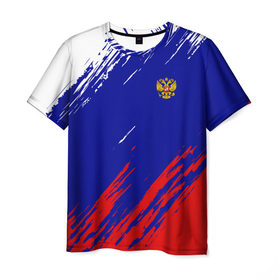 Мужская футболка 3D с принтом RUSSIA SPORT , 100% полиэфир | прямой крой, круглый вырез горловины, длина до линии бедер | russia | белый | болельщик | герб | двуглавый орел | корона | красный | лошадь | модные | надписи | орел | патриот | россия | синий | спорт | спортивные | триколор | униформа | фанат | цвет