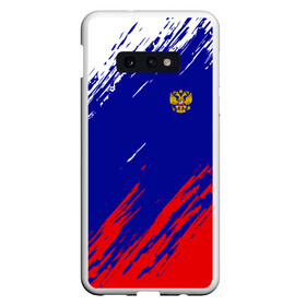 Чехол для Samsung S10E с принтом RUSSIA SPORT РОССИЯ СПОРТ , Силикон | Область печати: задняя сторона чехла, без боковых панелей | russia | белый | болельщик | герб | двуглавый орел | корона | красный | лошадь | модные | надписи | орел | патриот | россия | синий | спорт | спортивные | триколор | униформа | фанат | цвет