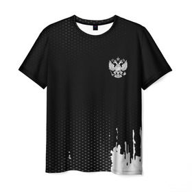 Мужская футболка 3D с принтом Russia black collection , 100% полиэфир | прямой крой, круглый вырез горловины, длина до линии бедер | Тематика изображения на принте: abstraction | grunge | russia | sport | абстракция | герб | краска | русский | символика рф | спорт | спортивный | триколор | униформа | форма | я русский