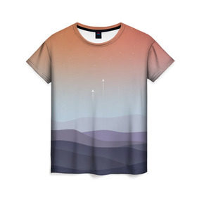 Женская футболка 3D с принтом Безмятежность , 100% полиэфир ( синтетическое хлопкоподобное полотно) | прямой крой, круглый вырез горловины, длина до линии бедер | landscape | stars | барханы | взлёт | звёзды | космос | небо | пейзаж | пески | полёт | пустыня | ракета