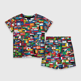 Детский костюм с шортами 3D с принтом Флаги всех стран ,  |  | Тематика изображения на принте: интернационал | мир | паттерн | флаг