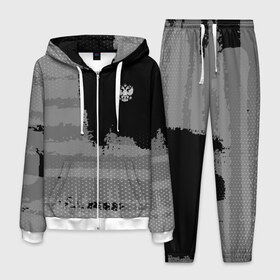 Мужской костюм 3D с принтом Russia Sport collection Gray , 100% полиэстер | Манжеты и пояс оформлены тканевой резинкой, двухслойный капюшон со шнурком для регулировки, карманы спереди | Тематика изображения на принте: abstraction | grunge | russia | sport | абстракция | герб | краска | русский | символика рф | спорт | спортивный | триколор | униформа | форма | я русский