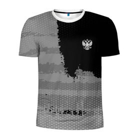 Мужская футболка 3D спортивная с принтом Russia Sport collection Gray , 100% полиэстер с улучшенными характеристиками | приталенный силуэт, круглая горловина, широкие плечи, сужается к линии бедра | Тематика изображения на принте: abstraction | grunge | russia | sport | абстракция | герб | краска | русский | символика рф | спорт | спортивный | триколор | униформа | форма | я русский