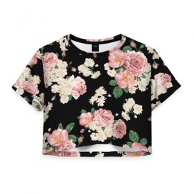Женская футболка 3D укороченная с принтом Flowers Pattern , 100% полиэстер | круглая горловина, длина футболки до линии талии, рукава с отворотами | 