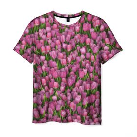 Мужская футболка 3D с принтом Розовые тюльпаны , 100% полиэфир | прямой крой, круглый вырез горловины, длина до линии бедер | 