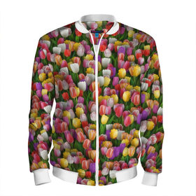 Мужской бомбер 3D с принтом Разноцветные тюльпаны , 100% полиэстер | застегивается на молнию, по бокам два кармана без застежек, по низу бомбера и на воротнике - эластичная резинка | 8 марта | tulip | белый | букет | желтый | зеленый | красный | паттерн | розовый | тюльпан | тюльпанчики | цветок | цветочки | цветы