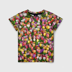 Детская футболка 3D с принтом Разноцветные тюльпаны , 100% гипоаллергенный полиэфир | прямой крой, круглый вырез горловины, длина до линии бедер, чуть спущенное плечо, ткань немного тянется | 8 марта | tulip | белый | букет | желтый | зеленый | красный | паттерн | розовый | тюльпан | тюльпанчики | цветок | цветочки | цветы