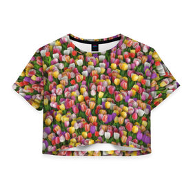 Женская футболка 3D укороченная с принтом Разноцветные тюльпаны , 100% полиэстер | круглая горловина, длина футболки до линии талии, рукава с отворотами | Тематика изображения на принте: 8 марта | tulip | белый | букет | желтый | зеленый | красный | паттерн | розовый | тюльпан | тюльпанчики | цветок | цветочки | цветы