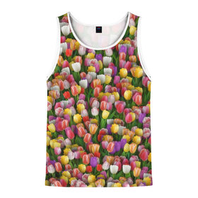 Мужская майка 3D с принтом Разноцветные тюльпаны , 100% полиэстер | круглая горловина, приталенный силуэт, длина до линии бедра. Пройма и горловина окантованы тонкой бейкой | 8 марта | tulip | белый | букет | желтый | зеленый | красный | паттерн | розовый | тюльпан | тюльпанчики | цветок | цветочки | цветы