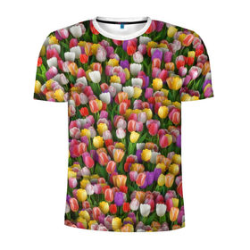 Мужская футболка 3D спортивная с принтом Разноцветные тюльпаны , 100% полиэстер с улучшенными характеристиками | приталенный силуэт, круглая горловина, широкие плечи, сужается к линии бедра | Тематика изображения на принте: 8 марта | tulip | белый | букет | желтый | зеленый | красный | паттерн | розовый | тюльпан | тюльпанчики | цветок | цветочки | цветы