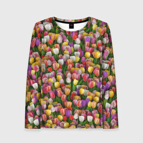 Женский лонгслив 3D с принтом Разноцветные тюльпаны , 100% полиэстер | длинные рукава, круглый вырез горловины, полуприлегающий силуэт | 8 марта | tulip | белый | букет | желтый | зеленый | красный | паттерн | розовый | тюльпан | тюльпанчики | цветок | цветочки | цветы