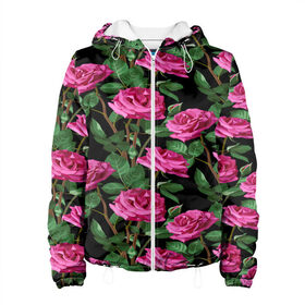 Женская куртка 3D с принтом Розовые розы , ткань верха — 100% полиэстер, подклад — флис | прямой крой, подол и капюшон оформлены резинкой с фиксаторами, два кармана без застежек по бокам, один большой потайной карман на груди. Карман на груди застегивается на липучку | 