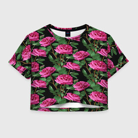 Женская футболка 3D укороченная с принтом Розовые розы , 100% полиэстер | круглая горловина, длина футболки до линии талии, рукава с отворотами | 
