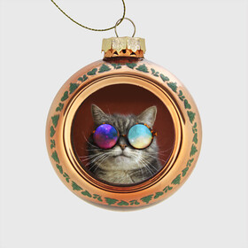 Стеклянный ёлочный шар с принтом котейки , Стекло | Диаметр: 80 мм | cat | взгляд | космос | кот | котик | очки