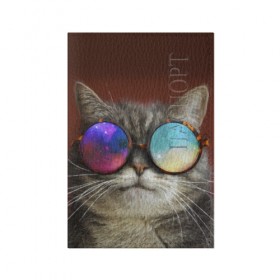 Обложка для паспорта матовая кожа с принтом котейки , натуральная матовая кожа | размер 19,3 х 13,7 см; прозрачные пластиковые крепления | cat | взгляд | космос | кот | котик | очки