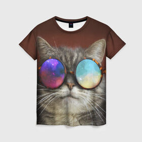 Женская футболка 3D с принтом котейки , 100% полиэфир ( синтетическое хлопкоподобное полотно) | прямой крой, круглый вырез горловины, длина до линии бедер | cat | взгляд | космос | кот | котик | очки