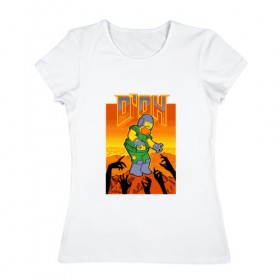 Женская футболка хлопок с принтом Doom D`Oh , 100% хлопок | прямой крой, круглый вырез горловины, длина до линии бедер, слегка спущенное плечо | doh | doom | homer | simpsons | гомер | дум