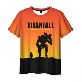 Мужская футболка 3D с принтом Titanfall 2 , 100% полиэфир | прямой крой, круглый вырез горловины, длина до линии бедер | blood and rust | game | воин | закат | игра | кровь и ржавчина | робот