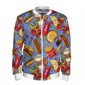 Мужской бомбер 3D с принтом Fastfood , 100% полиэстер | застегивается на молнию, по бокам два кармана без застежек, по низу бомбера и на воротнике - эластичная резинка | chicken | coffee | cola | drink | dunts | eat | fastfood | frenchfires | hotdog | lollypop | pizza | sweets | бургер | еда | кола | кофе | лимонад | напитки | пицца | пончик | фастфуд | хотдог