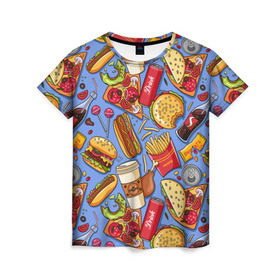 Женская футболка 3D с принтом Fastfood , 100% полиэфир ( синтетическое хлопкоподобное полотно) | прямой крой, круглый вырез горловины, длина до линии бедер | chicken | coffee | cola | drink | dunts | eat | fastfood | frenchfires | hotdog | lollypop | pizza | sweets | бургер | еда | кола | кофе | лимонад | напитки | пицца | пончик | фастфуд | хотдог