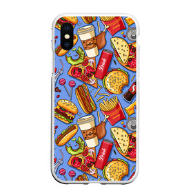Чехол для iPhone XS Max матовый с принтом Fastfood , Силикон | Область печати: задняя сторона чехла, без боковых панелей | chicken | coffee | cola | drink | dunts | eat | fastfood | frenchfires | hotdog | lollypop | pizza | sweets | бургер | еда | кола | кофе | лимонад | напитки | пицца | пончик | фастфуд | хотдог