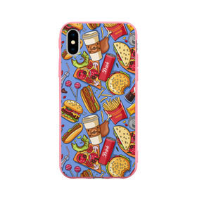 Чехол для Apple iPhone X силиконовый матовый с принтом Fastfood , Силикон | Печать на задней стороне чехла, без боковой панели | chicken | coffee | cola | drink | dunts | eat | fastfood | frenchfires | hotdog | lollypop | pizza | sweets | бургер | еда | кола | кофе | лимонад | напитки | пицца | пончик | фастфуд | хотдог